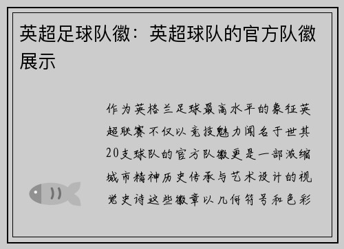 英超足球队徽：英超球队的官方队徽展示