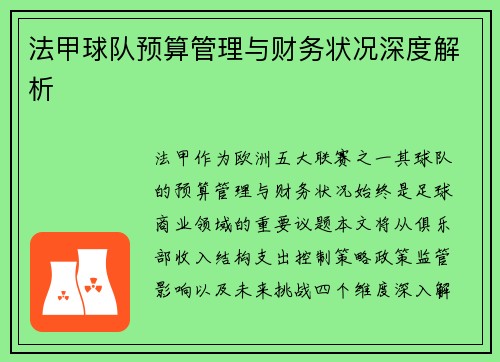 法甲球队预算管理与财务状况深度解析
