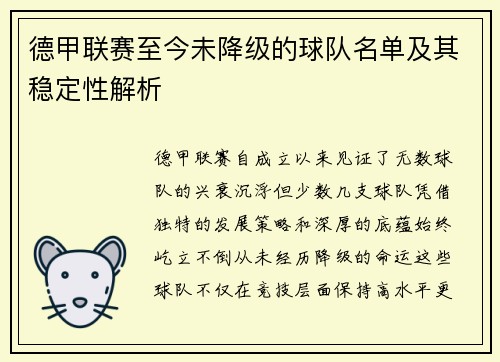 德甲联赛至今未降级的球队名单及其稳定性解析
